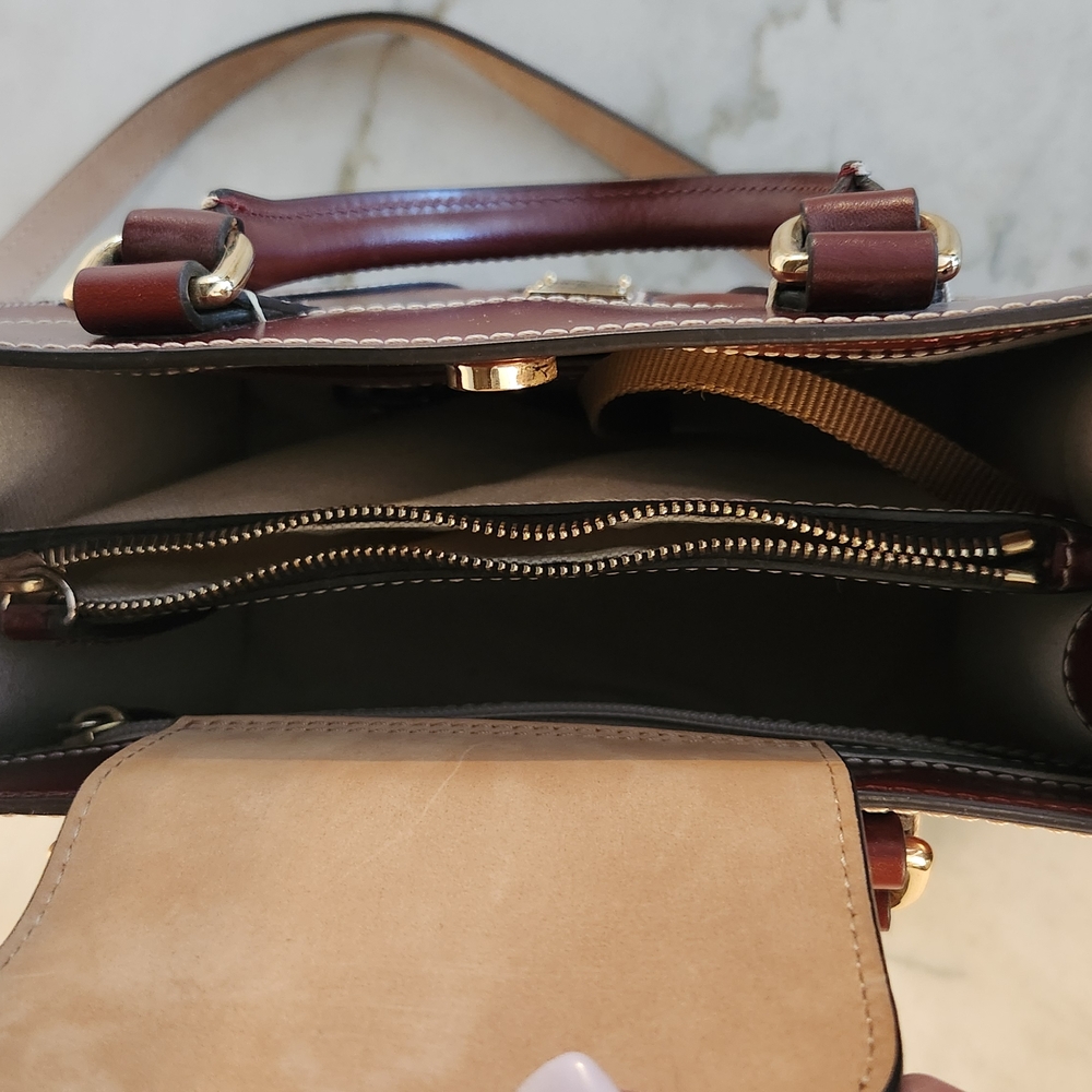 Burgundy Leather Handbag with Gold Accents - Picture 7 of 10